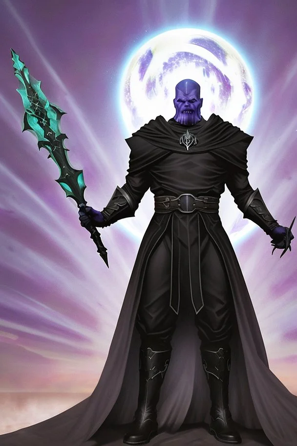 Thanos is the god of power and evil The commander wears a black cloak and a long coat with long combat boots and a long spear with a hat under his cloak with blue flame eyes, a sword like a spear The sun in the palm of a brave man in the middle of the desert