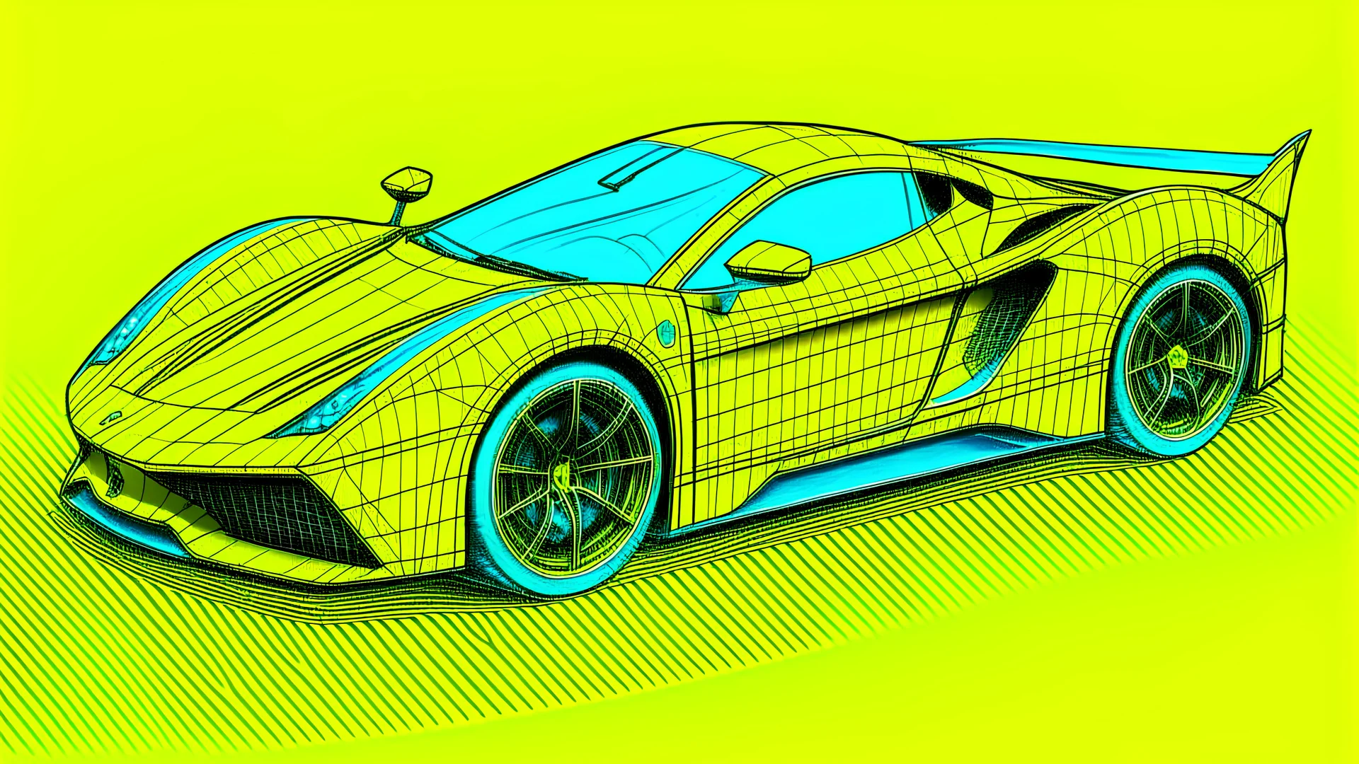 hand drawing supercar, phibonacci, in yellow and blue background