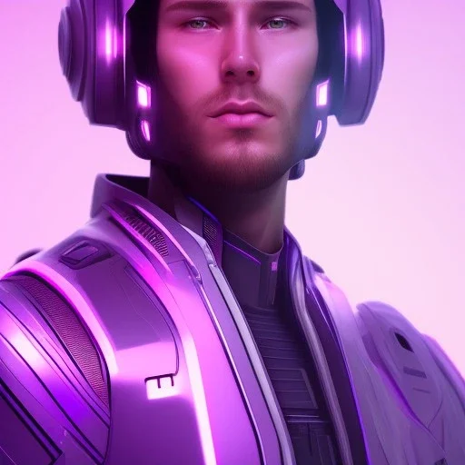 Cute guy face, Sci-fi character, purple backlight, pink and purple, scifi suit, profile, purple background, pink lighting