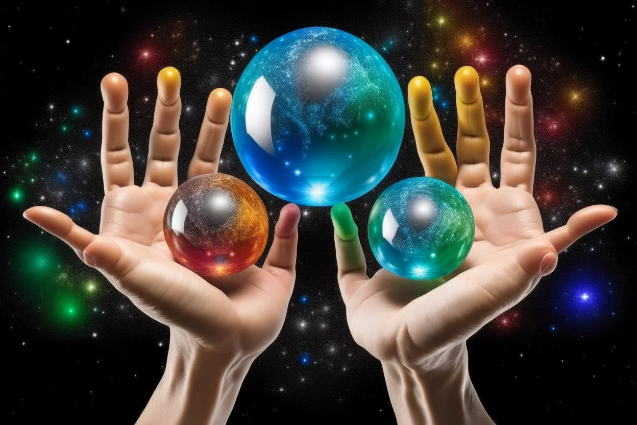 kundalini, connected to the universe, few colours of galaxy, holding galaxies in few hands in glass balls,