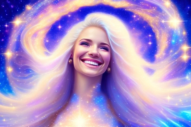 very beautiful cosmic women with white long hair, smiling, with cosmic dress and in the background there is a bautiful sky with stars and light beam