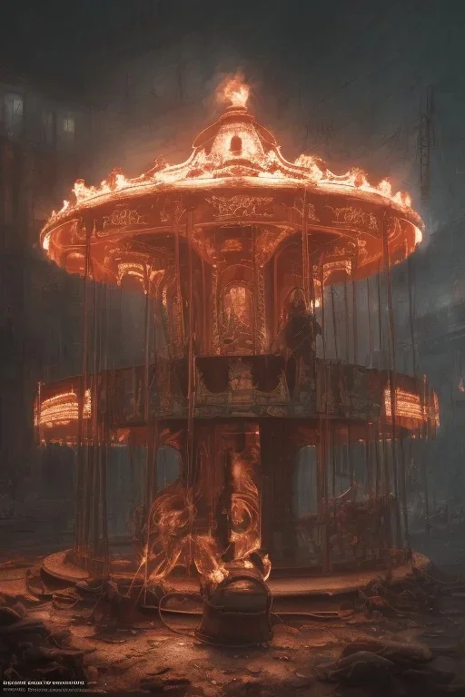 An Abandoned Carousel In Flames, Hyperdetailed, Digital Painting, Digital Illustration, Extreme Detail, Digital Art, 4k, Ultra Hd, Realistic And Natural, Detailed, Hyperrealism, Concept Art, Matte Painting, Trending On Artstation, Greg Rutkowski, Johan Grenier .