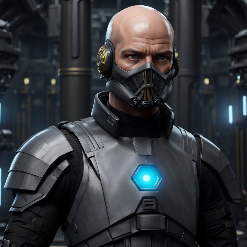 star wars bald male corellian pilot wearing pearlescent black and gunmetal grey First Order special forces heavy assault stealth commando armor and helmet with gold trim inside the jedi temple, hyperdetailed, dynamic lighting, hyperdetailed background, 8k resolution, volumetric lighting, light skin, fully symmetric details