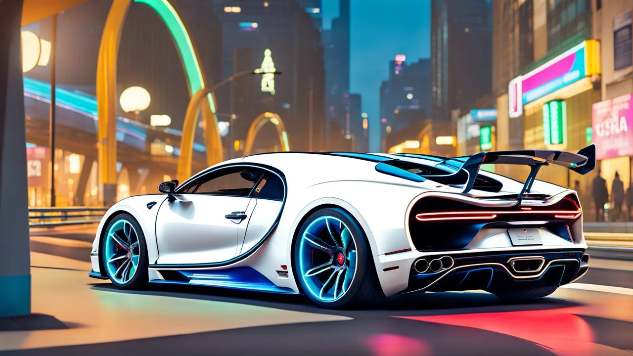 A sleek white shiny (((cyberpunk bugatti super chiron neon))), its contours and details perfectly captured in a (((cinematic view))), zipping along a winding road under a beautiful night, rear view