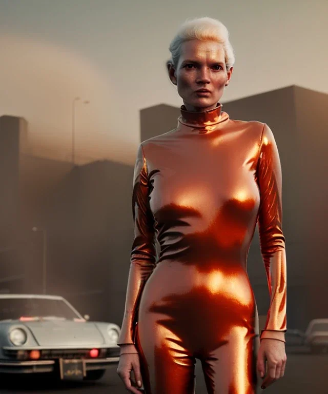 retro sci-fi portrait image from 1980, supermarket parking explosions, fire, scared people, blonde woman walking, sweet Kate moss face, tight latex suit, soft color, highly detailed, unreal engine 5, ray tracing, RTX, lumen lighting, ultra detail, volumetric lighting, 3d, finely drawn, high definition, high resolution.