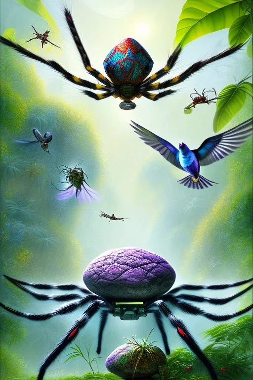 spider fight with exotic pigeon, jungle setting, mystical, dreamlike, Neo-Impressionism, fine detail, high quality,