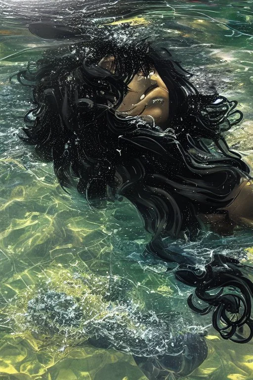 a beautiful woman, long curly black hair,closed eyes,coming from beneath the water,braking the surface with her face just coming out the water,looking up symbolism for breaking free. realistic,8k quality, action close shot from areal view,highly detailed , chaos 80