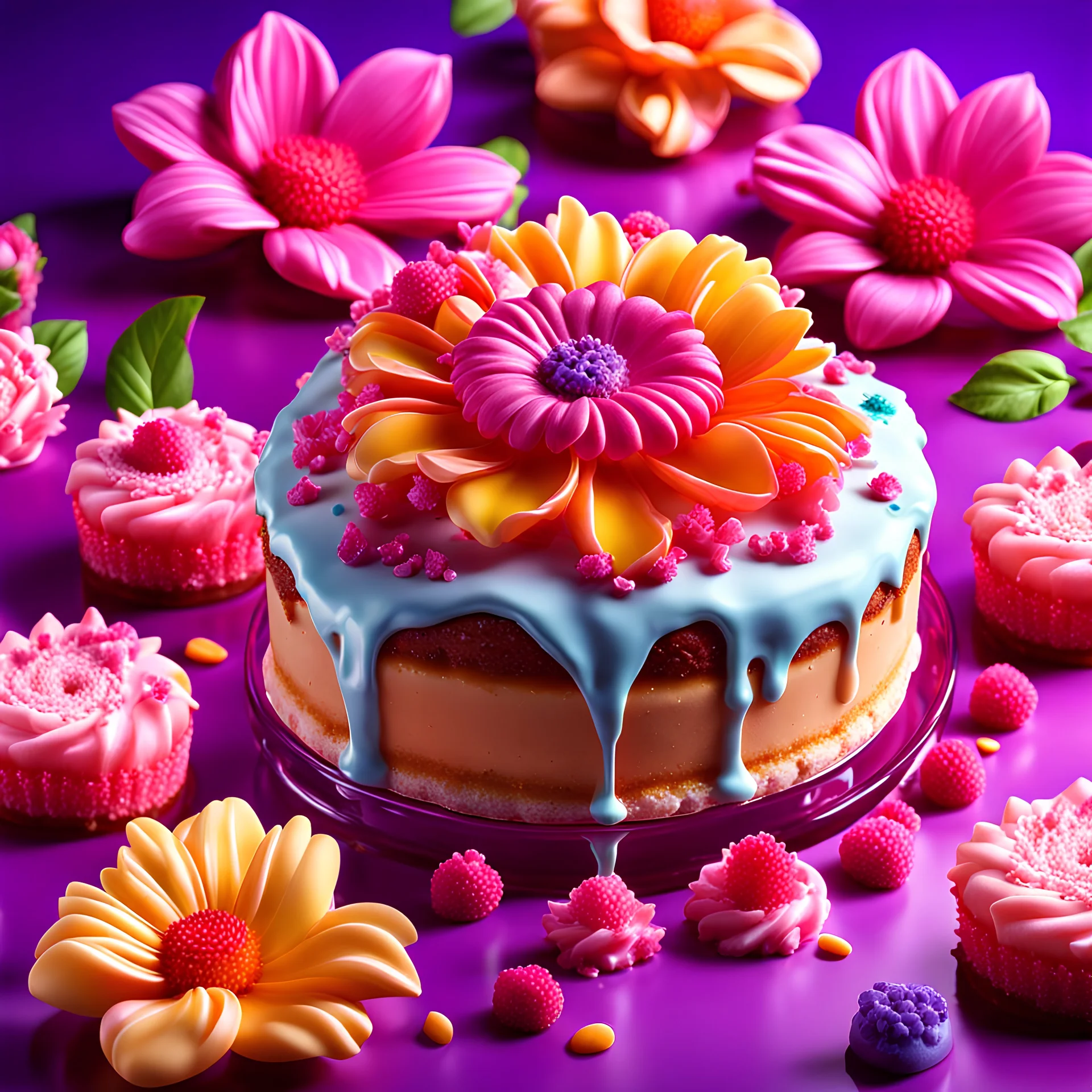 "Social media advertisement for flower flavor for desserts using 3D technology and 8K resolution, with vibrant and appealing colors."
