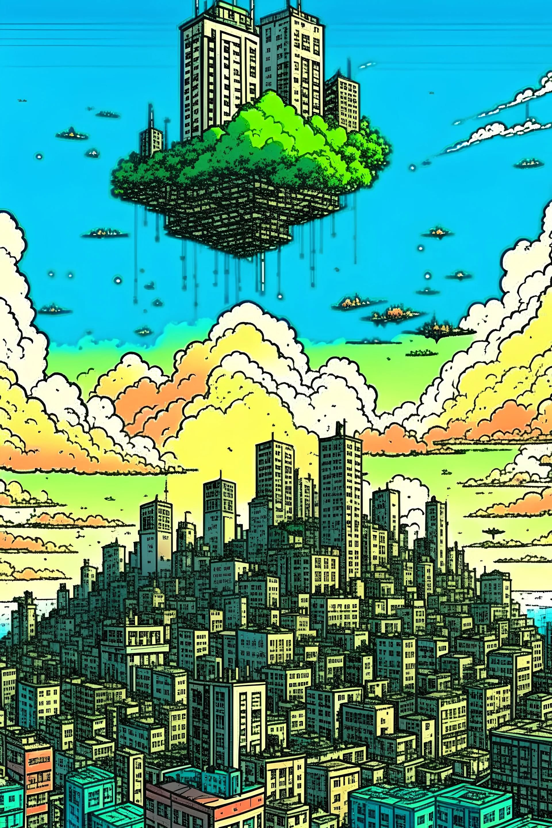 A city in the sky. Comicbook silverage style.