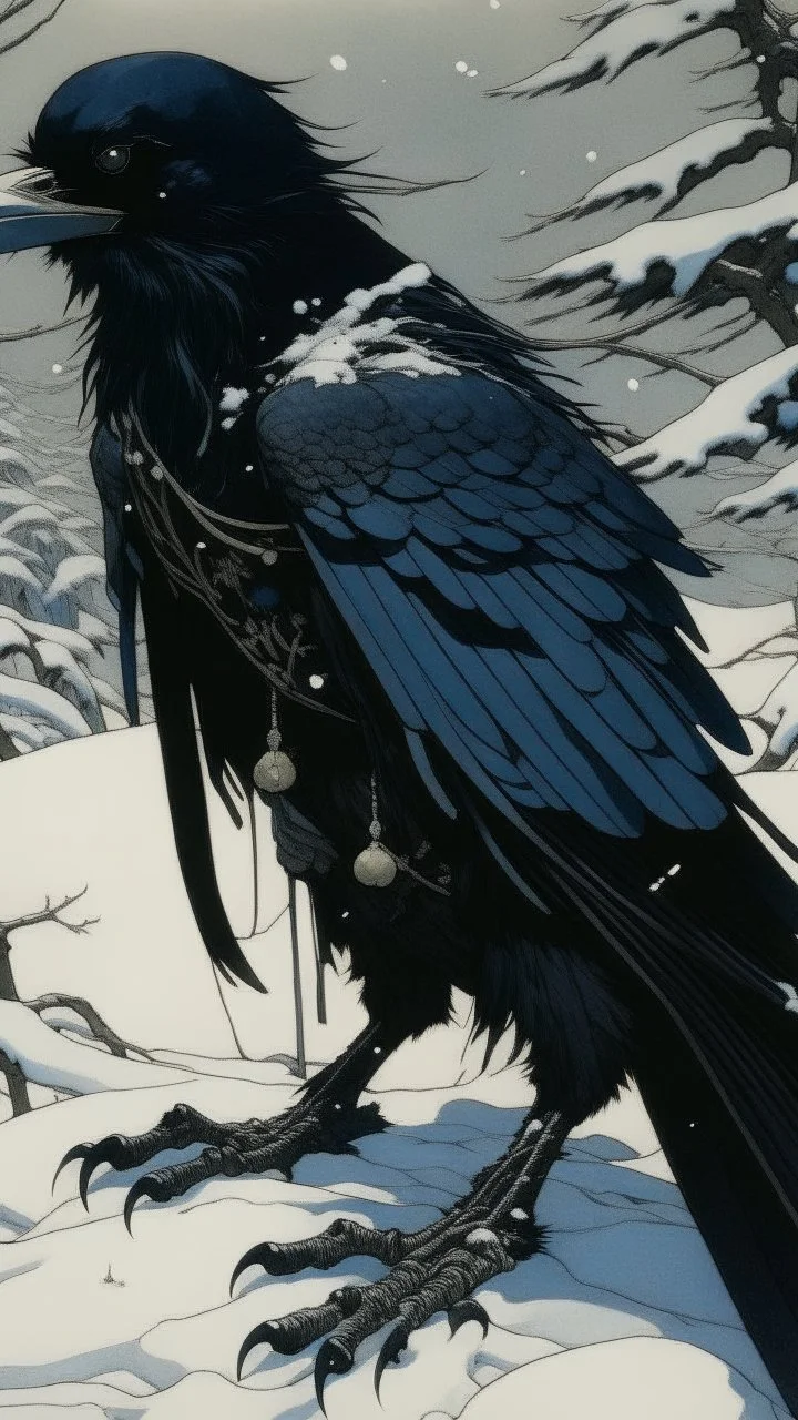 An illustration by Jakuchu and Matisse of a human-like raven adorned in a punk leather jacket within a snowy atmosphere.