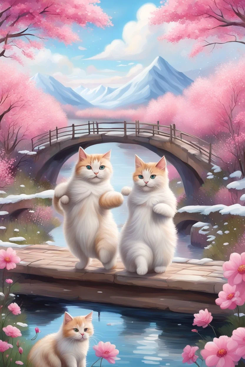 in the center: beautiful chunky cats dancing on a bridge , background: landscape, first plan: pink flowers and a small river with blue water, sky: white clouds with more cats sitting on them, season: winter and snowfall