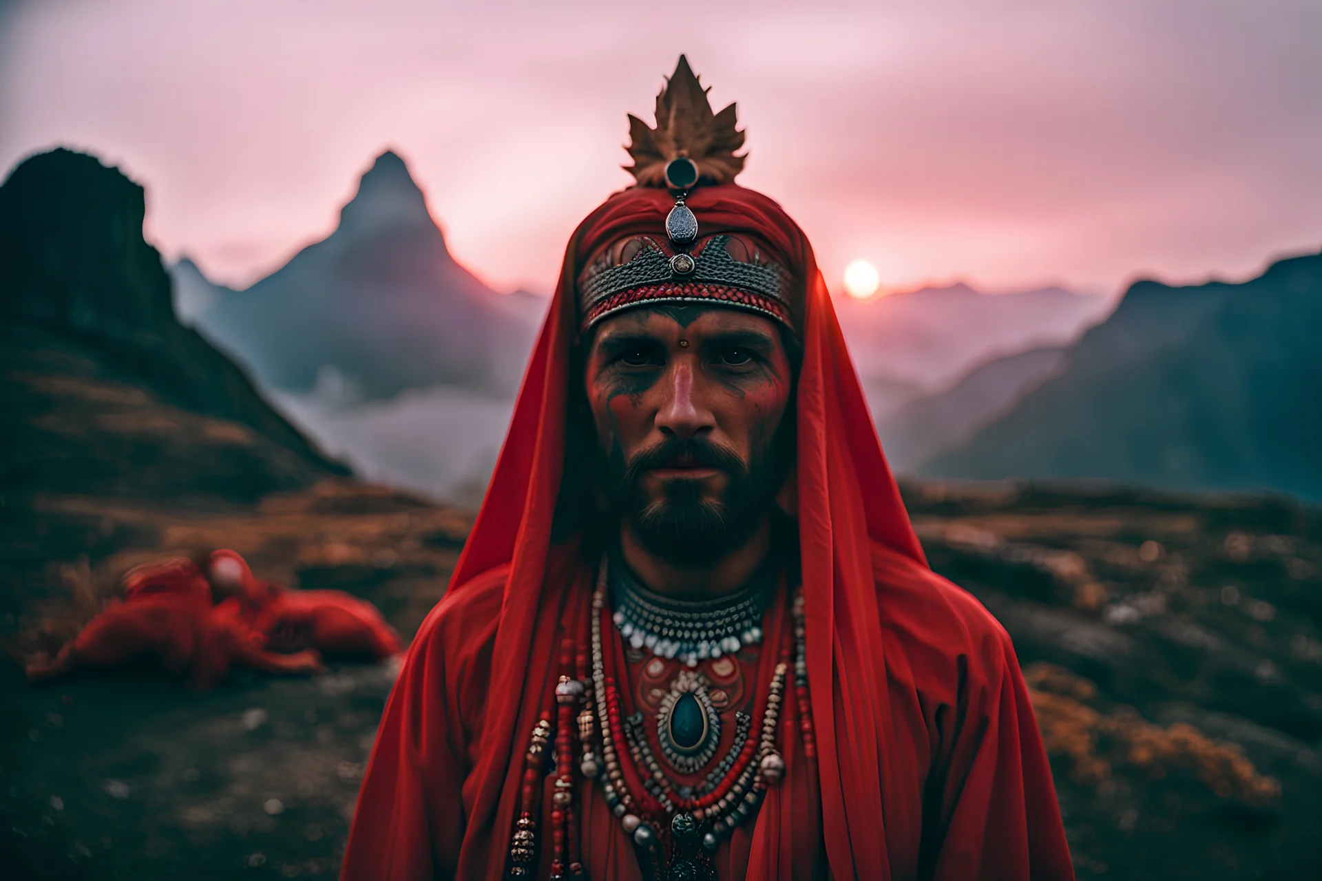 Peter McKinnon-Alex Strohl close-up weird Indian Misty carved Temple mountains swith weird humanoids dressed as Guadalupe in red lingering around in 1950 by Richard Billingham, Fujichrome provia 100F, unicorncore, whimsical, weird, odd gloomy sunset, animals and people, weirdcore , stunning details, 8k, style raw style raw, neon pop '80s oil paint-style raw, Mario Bava-Boris Mikhailov ,greg rutkowski