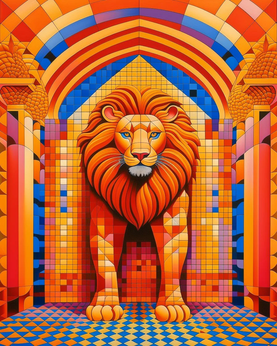 A light rosy orange colored thunder temple with an electrical lion designed in medieval tapestry painted by Victor Vasarely