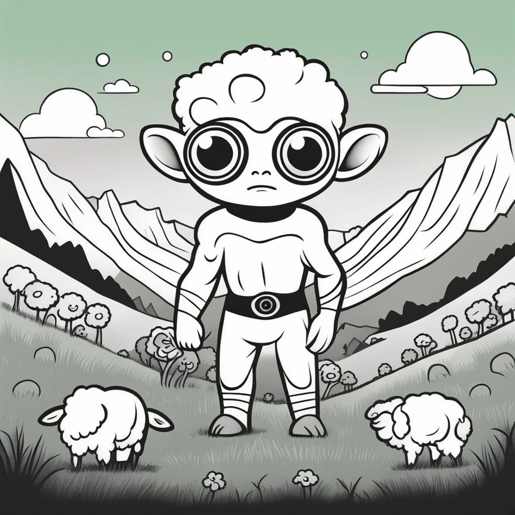 Make black and white cute drawing of a Cyclops with black bold lines. Only outline, no grayscale. A kind and gentle cyclops holding a flower in one hand, with a single large eye that sparkles. Place him in a green valley surrounded by sheep, emphasizing his softer side.