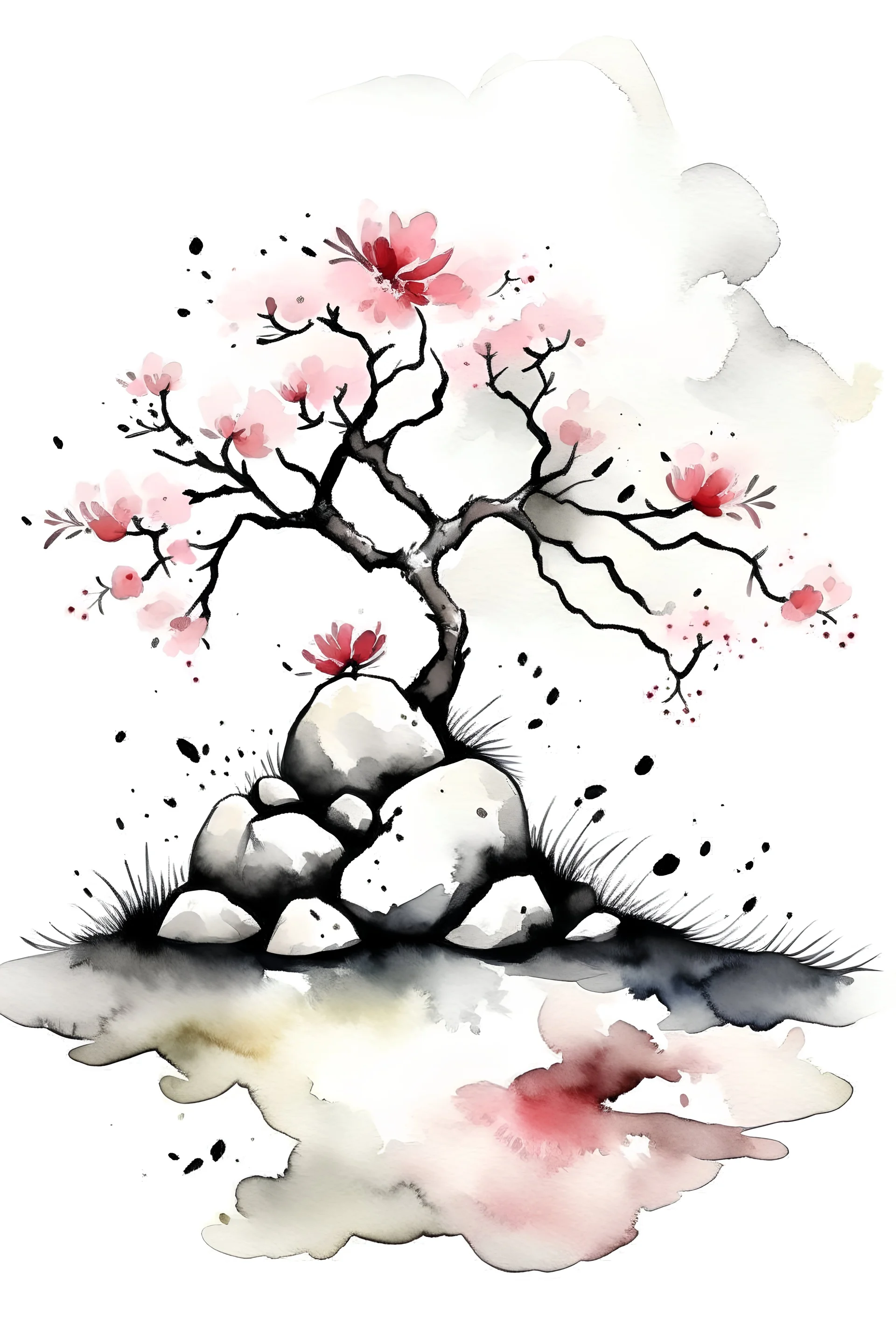 Japanese style watercolor of a Japanese garden in the style of sumi-e, moss-covered stones, a delicate cherry blossom tree in bloom, realistic tones, white negative space