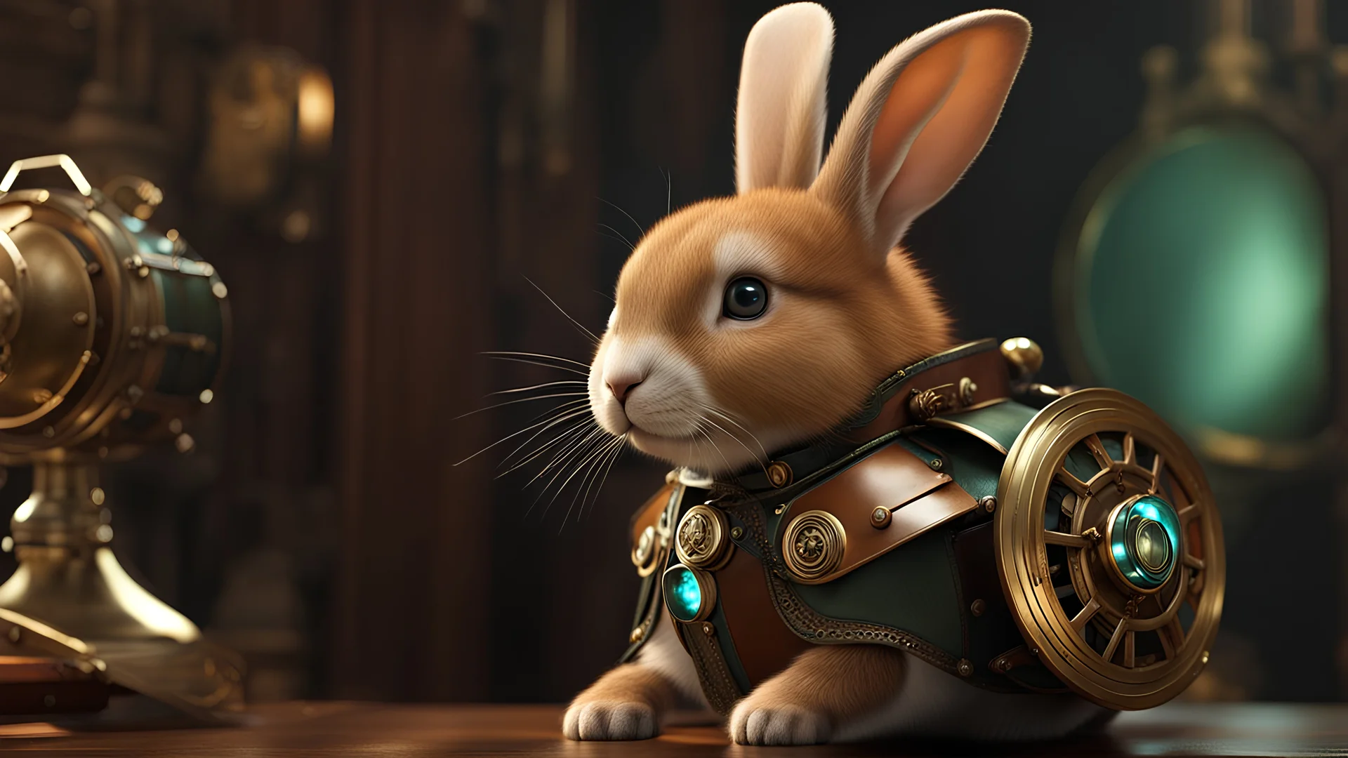 High-end state-of-the-art STEAMPUNK aesthetics flawless smiling cute fluffy epic honey rabbit, supreme cinematic-quality photography, blue green and honey brown pure leather clothes armour, Art Nouveau-visuals,Vintage style with Octane Render 3D technology,hyperrealism photography, (UHD) with high-quality cinematic character render,Insanely detailed close-ups capturing beautiful complexity,Hyperdetailed,Intricate,8K,Hyperrealism craftwork