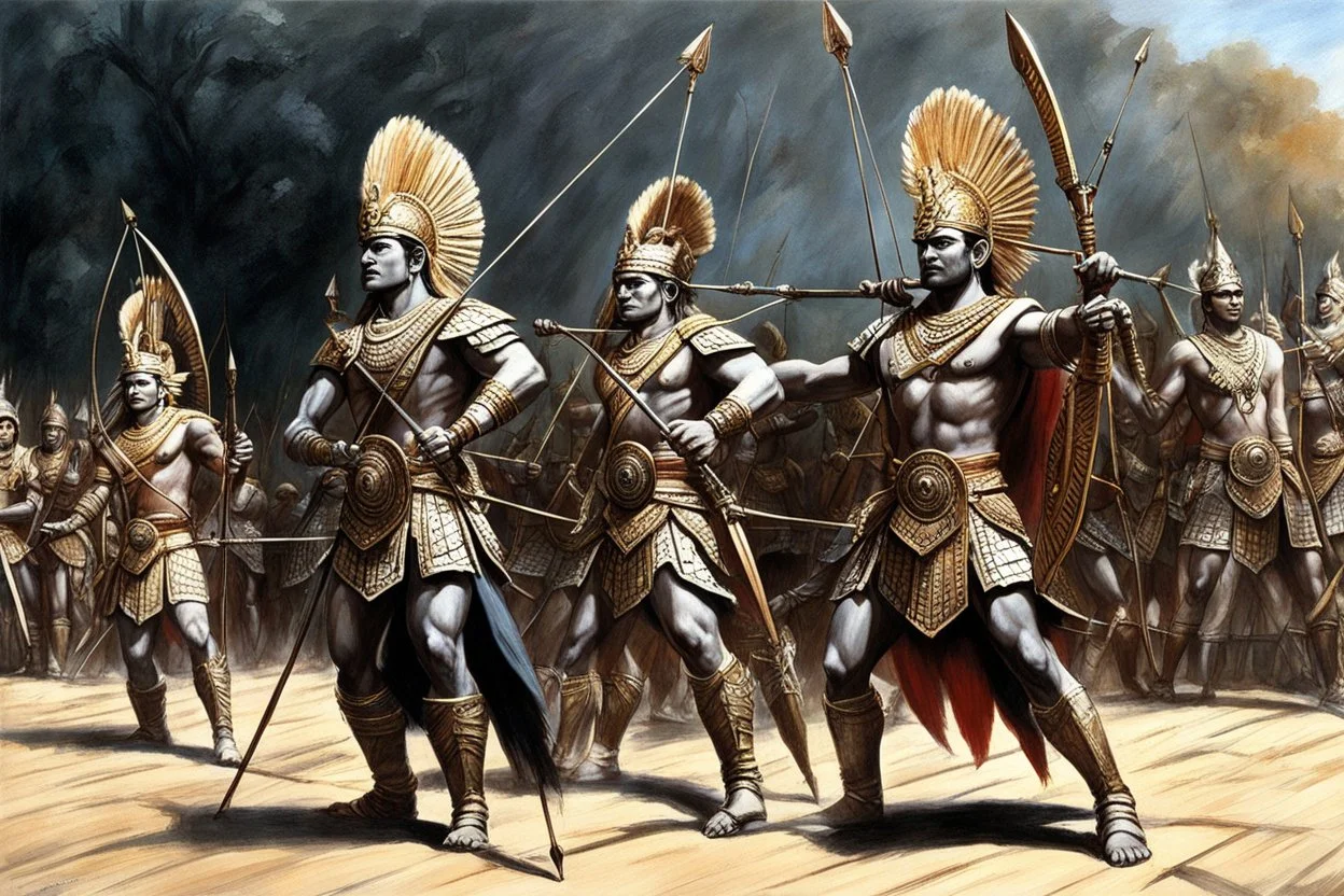 [art by Ray Harryhausen] As Arjuna and Duryodhana stand shoulder to shoulder, facing the same wooden target in the archery contest, their skills as archers are undeniable. Both warriors possess remarkable talent and prowess with the bow, each capable of hitting their mark with precision and power. Arjuna's form is impeccable, his arrows flying true and striking the target with effortless grace. His mastery of archery shines brightly, captivating the spectators and earning him admiration and acc