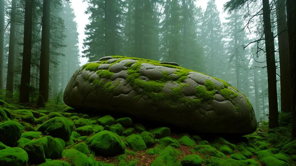 Large boulder in a clearing in the forest