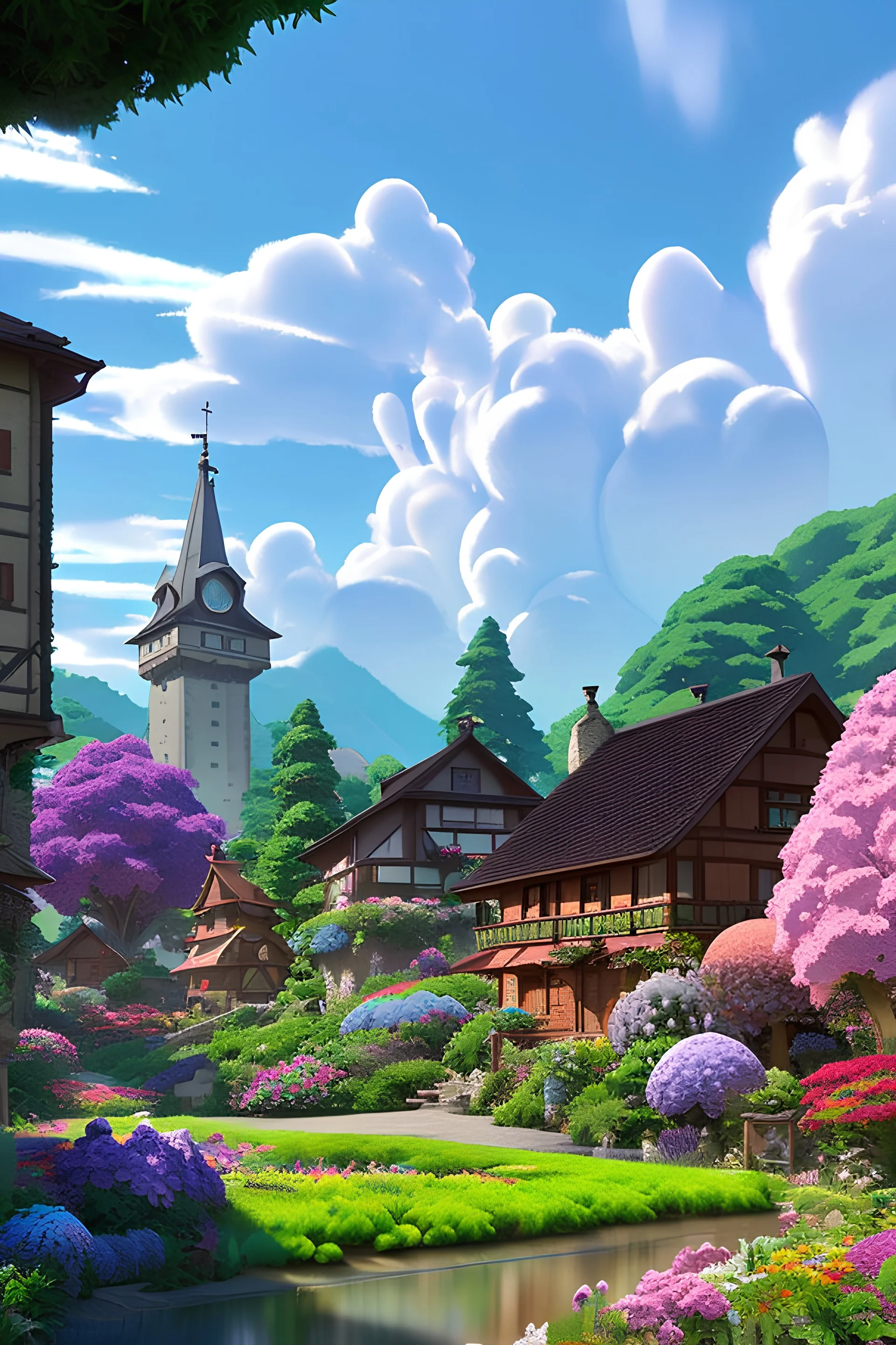 Pixar studio ghibli switzerland traditional town, eldritch, stone architecture, fantasy, lovecraftion, colourful wild flowers, fantasy, cinematic footage, photorealism, intricate, hydrangeas around house hills fantasy land beautiful flower landscape alien world pink puffy trees, stylized painting, 3d 4k octane render, lifelike, photorealistic, artstation, illustration, smooth, sharp focus, ornate, intricate, complex, highly detailed, digital painting, smooth, art by tom bagshaw, akihiko yosh