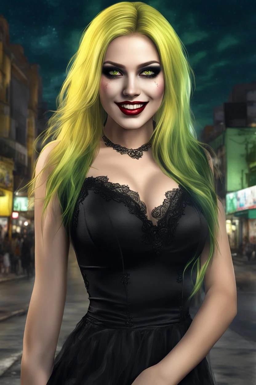 sweet pretty woman, good body, big bub, good green eyes, long green and yellow haired, front angle, wearing a very short black dress, smile, intense look, gothic style, black make-up, scratched make-up, stay on mexico city street, intrincate details, high definition picture, render, master piece, night sky background, no deformed body, no extra arms, no extra feets, no extra fingers.