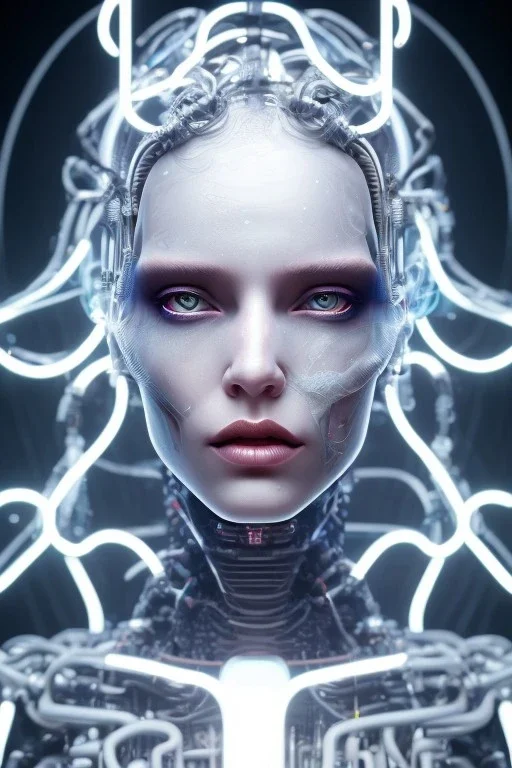 cyberpunk, head, women, portrai, tron, cyborg, robot, cyborg, white hair, seven , perfekt, real, dream, hr giger