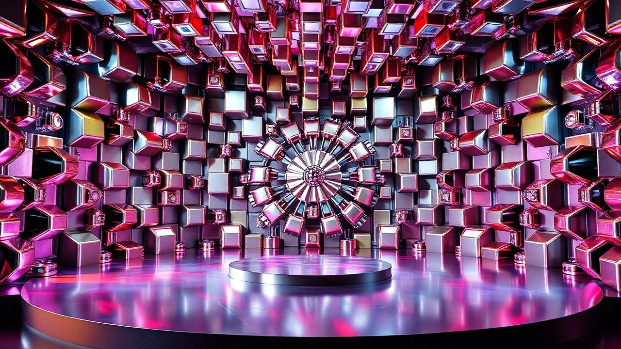 a stage structure made of mandelbulb 3d fractal made of metallic random color miror surface cubes , pertty artistc background