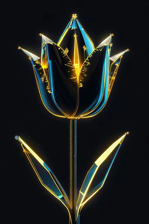 unzoom, centered, Crystal black tulip element shape, glass golden neon, cool gold, delicate science and technology sense line, black background, movie sense, HD, detailed light, cinematic, high detail, 4k, cyberpunk, 3d rendering, 32k , hyper detailed, magical and epic, epic light, the most perfect and beautiful image ever created, image taken with the Sony A7SIII camera, many details 8k speed effect (cinemagraphs) Phi Phenomenon (Mark Wertheimer)