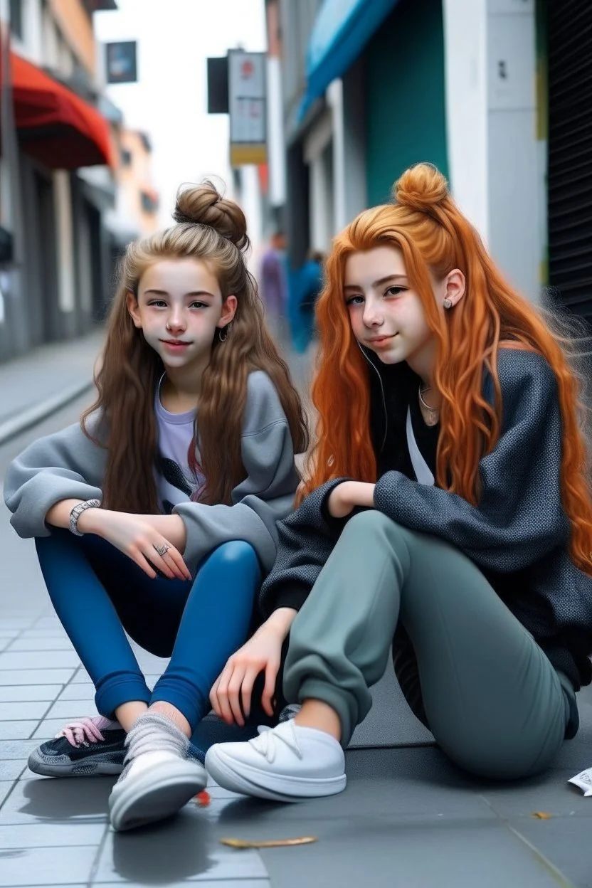 iki kız beraber sokakta oturuyorlar yaşları daha büyük liseliler daha renkli kızlardan birinin saçı kabarık diğerininki ise biraz uzun geniş açı ikisininde vücudu tam görünsün 2 boyutlu