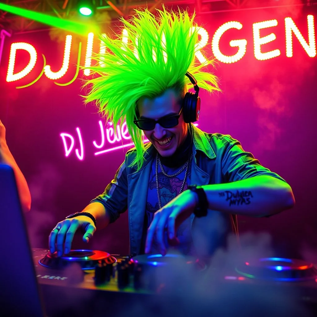A DJ performing at dance club, his name DJ JüRGEN and looks crazy, crazy green hair with crazy outfit. Neon lights and smog, DJ JüRGEN SIGN ON WALL