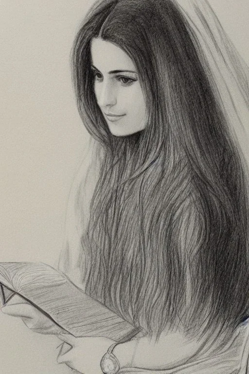 Pencil sketch of Young woman, Arab features,sad, long wavy hair, reading a book, full body، on lined paper