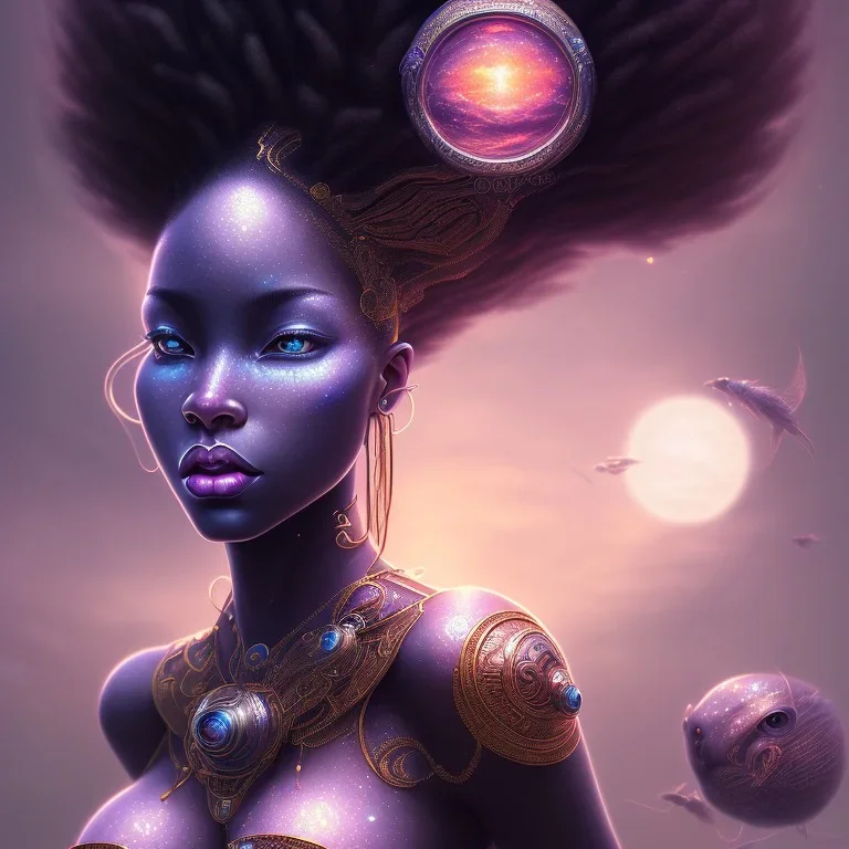 sango fantasy, fantasy magic, intricate, sharp focus, illustration, highly detailed, digital painting, concept art, matte, masterpiece head sexy view black African beauty black afro hair space lady blue carp skin African space night