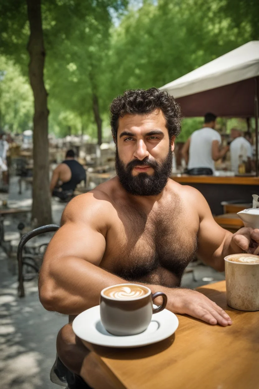 half figure photography of an ugly turkish barman servicing one coffee at the table, burly robust muscular chubby shirtless short beard, mainly chest very hairy 25 years old man, in a public park of Istambul , sunny day, sweat, wet, big shoulders, angry eyes, photorealistic