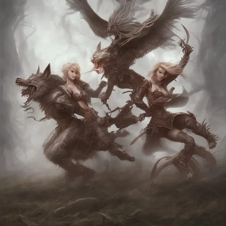 woman on flying demon fighting wolves