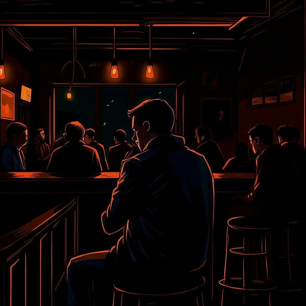 a single figure in a crowded bar at night, dark colors