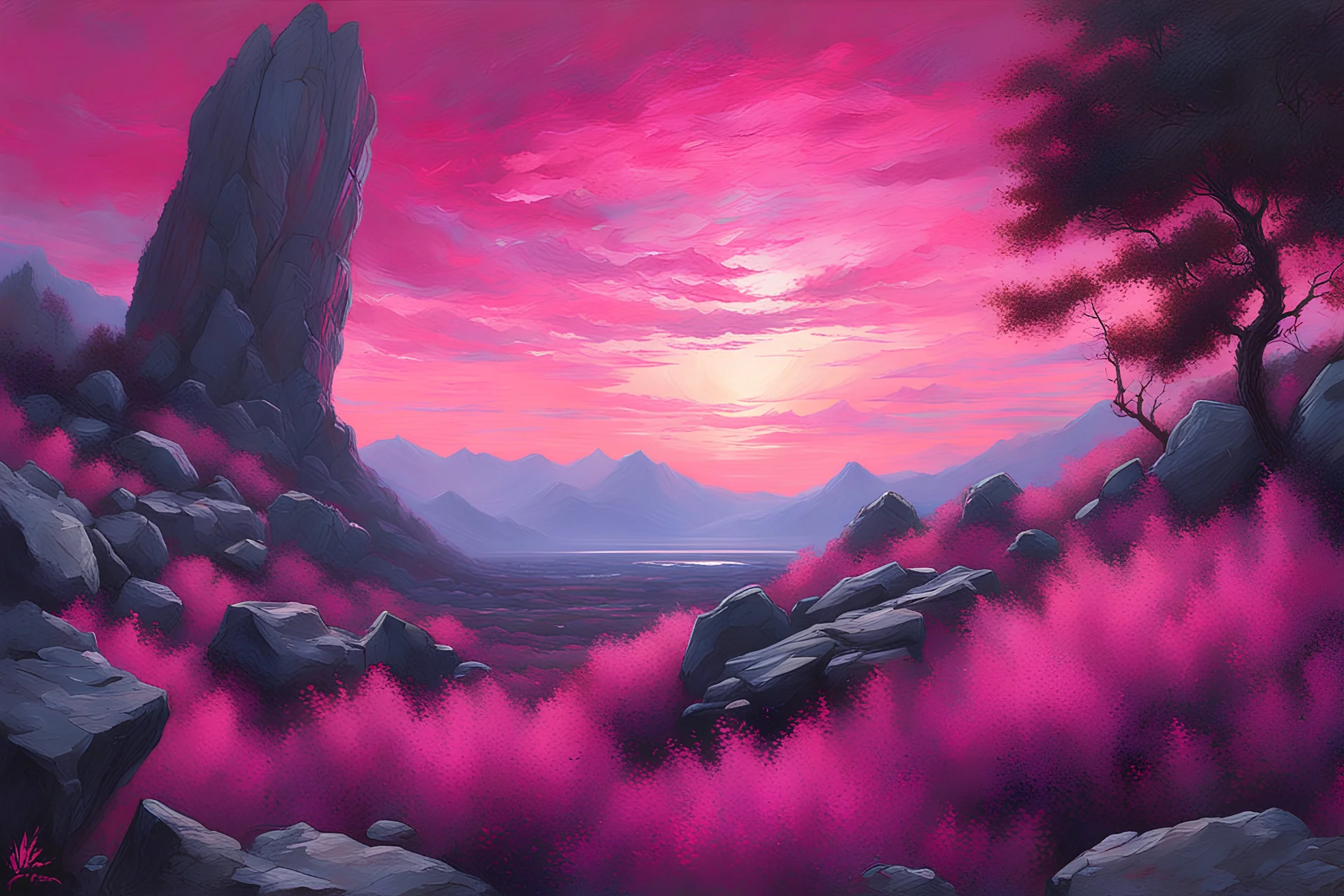 Fuchsia sky, rocks, weeds, sci-fi, mountains, rodolphe wytsman and ludwig dettman impressionism paintings