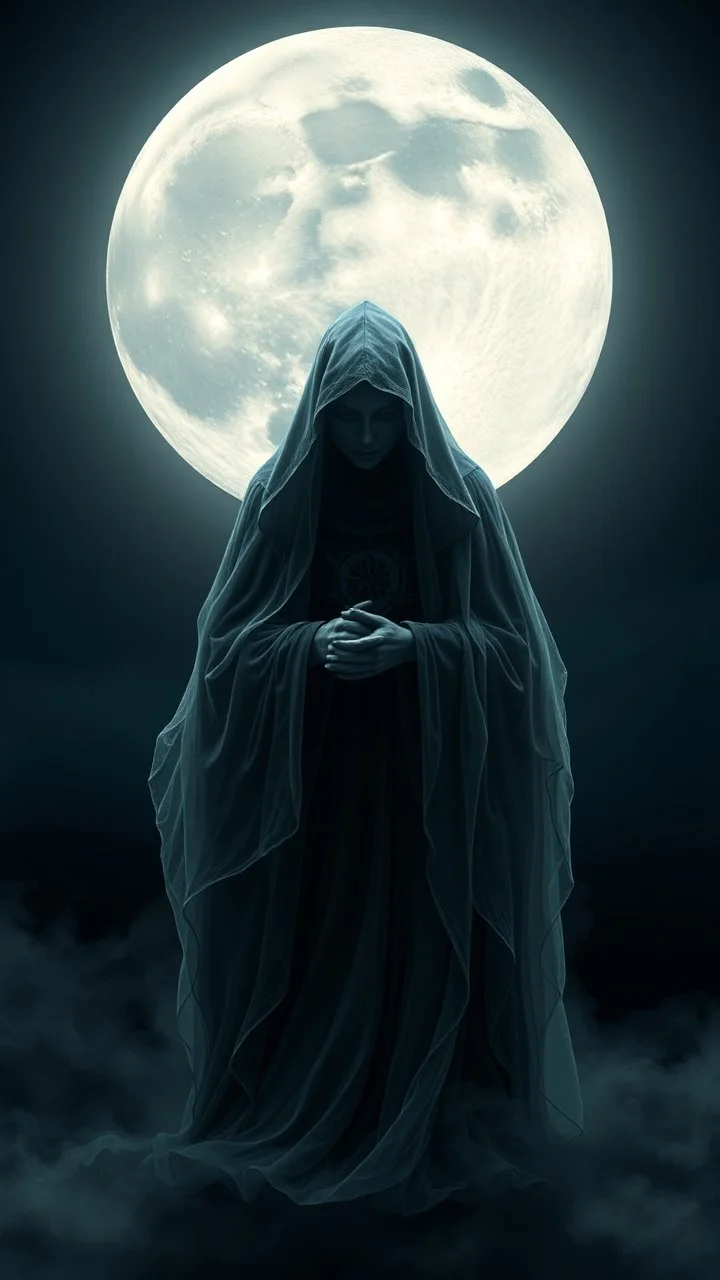 In a mesmerizing and ethereal manner, an otherworldly being emerges in the form of a translucent grey hood statue flowing smoky black robes. Forward facing full moon in the background