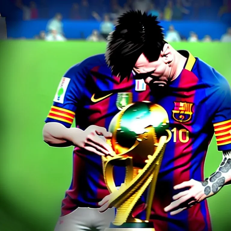 lionel messi crying and swallowing the world cup trophy, unreal engine 5.1, ultra high resolution, photorealistic, ultra high detail, octane render, creepy