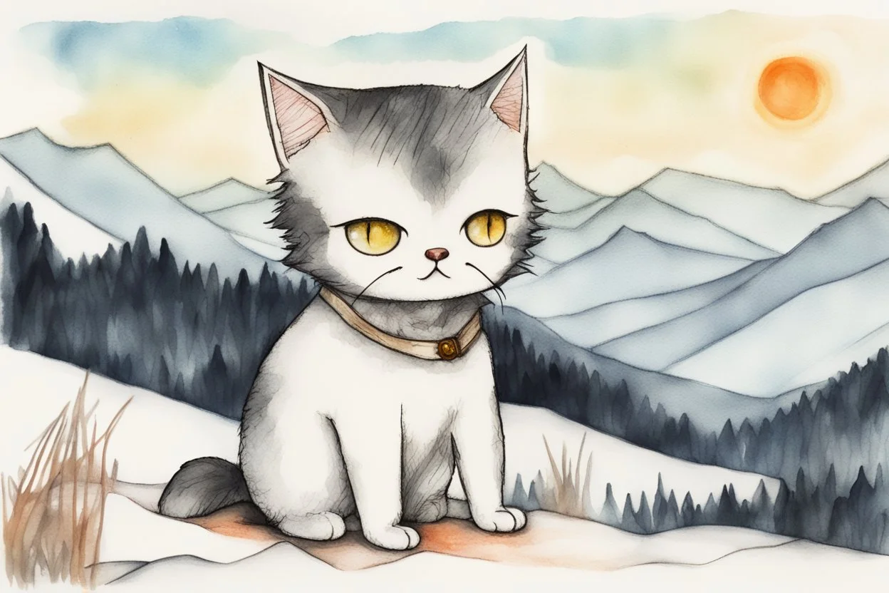 cute chibi anime frightened cat, crashed airplane in the snowy mountains, styles of Paul Klee Dee Nickerson and Tim Burton, melting watercolor and black ink outlines on wet paper, soft, shading strokes, in sunshine, ethereal, otherwordly, cinematic postprocessing, bokeh, dof