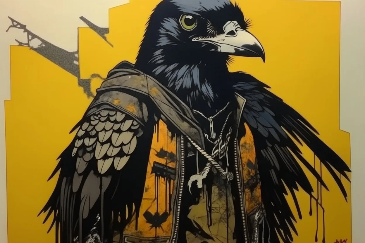 A contemporary serigraphy by Kunisada of a crow adorned in a punk leather jacket.