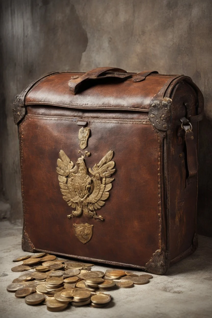 in the BASEMENT there is an old, broken brown oblong leather chest with short handles, with a hole on the side, gold coins from the time of Catherine the Great fall out of it. The ancient coat of arms of tsarist Russia, the double-headed eagle, is BARELY VISIBLE on the bag. All in high quality 8K