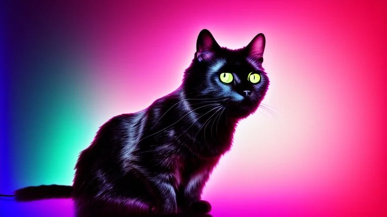 black cat sitting on an office chair, dark room with neon violet lights, realistic