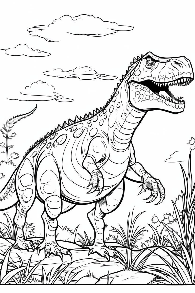 A coloring page, white backgrounda scene of a parent T-Rex providing guidance and support to its offspring as they navigate through their surroundings, with the parent offering encouragement and reassurance.. ink drawing clipart, simple line illustrations, colored