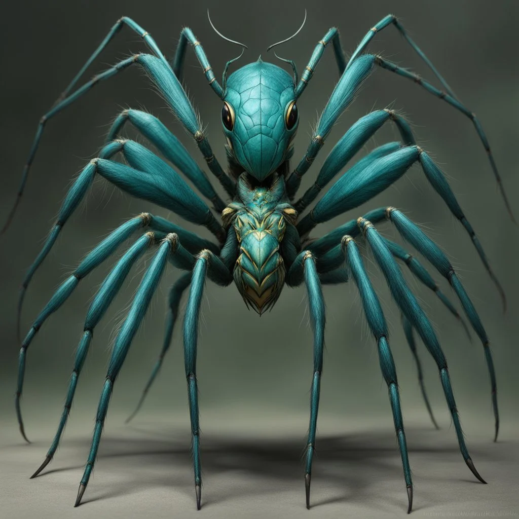 [photorealistic, greenish-blueish, half-woman] the Arachnomorph Queen, a monstrous hybrid that seemed to defy the laws of nature.Her upper torso was that of an elegant woman, but her lower body morphed seamlessly into a grotesque spider's abdomen. The eight spindly legs that supported her colossal form ended in razor-sharp pikes, glinting ominously in the dim light. The queen's eyes, like shards of obsidian, fixed upon the intruders with a malevolent intelligence. Brain, zombie, skull and the li