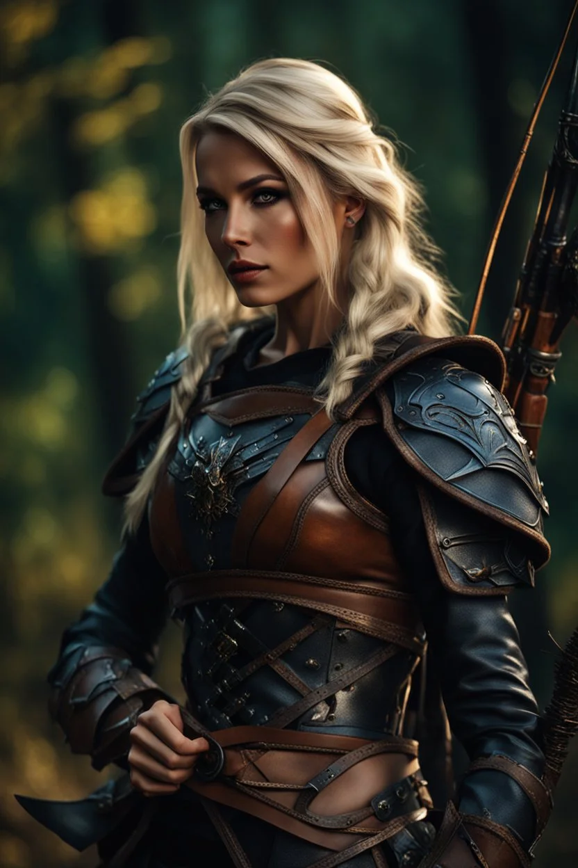 blonde female hunter with a bow wearing leather half armour dark fantasy Realistic 4k