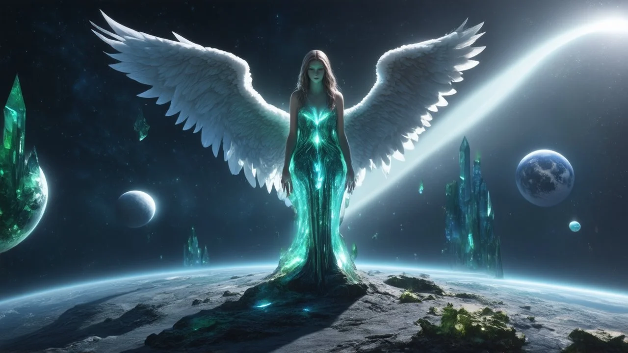 angels with a beautiful face with a wings siting on the monolith made of tiberium crystals of lights, matrix universe, planets on the back grounds, green crystals of tiberium on the life and right