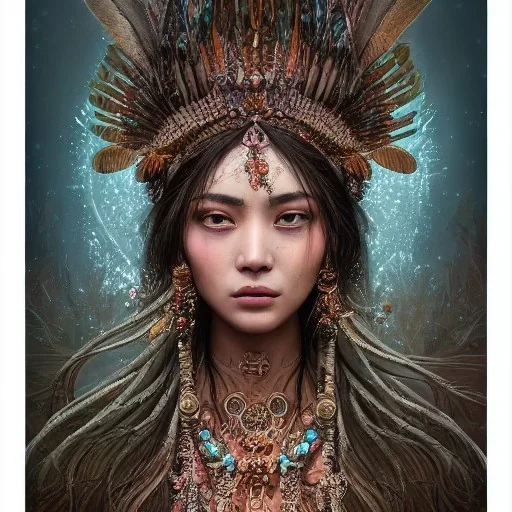 Insanely detailed photograph of an “portrait of gorgeous native goddess” with intricate hair, intricate embroidered dress, beautiful clear face and hyperdetailed painting by Ismail Inceoglu Huang Guangjian and Dan Witz CGSociety ZBrush Central fantasy art album cover art,8K, hdr, romantic, mysterious, ominous, snowflakes, jewelry, comfort, natural eyes, symmetry!!