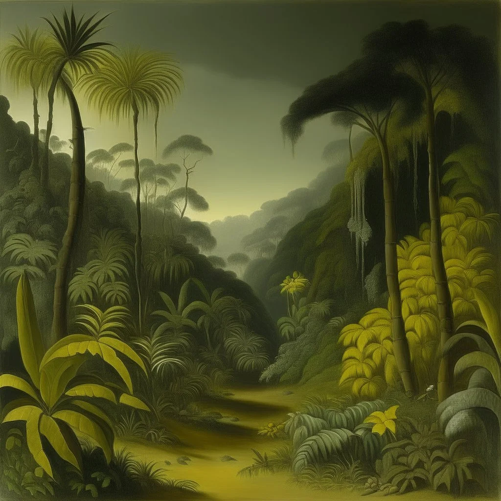 A dark grayish yellow jungle on an island painted by Henry-Robert Brésil