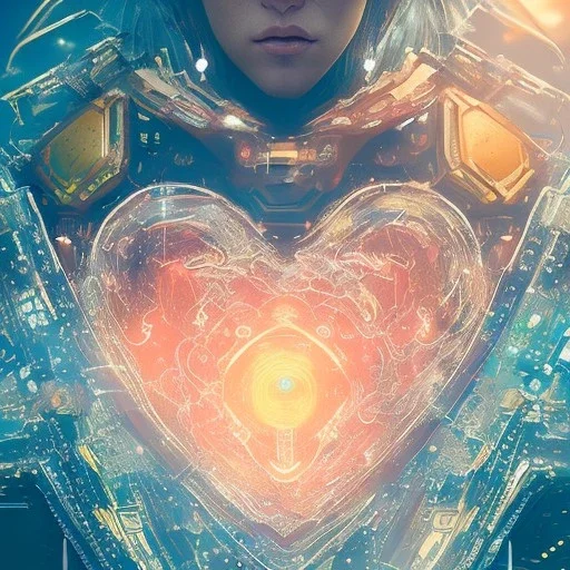 A portrait of a crystalised heart big good drawled hands, atmospheric, realistic, unreal engine cosmic galactic, cinematic lighting, octane render, yellow blue colors, transparent, cosmic ambiance, masterpiece, art by Yoji Shinkawa, composing fit inside