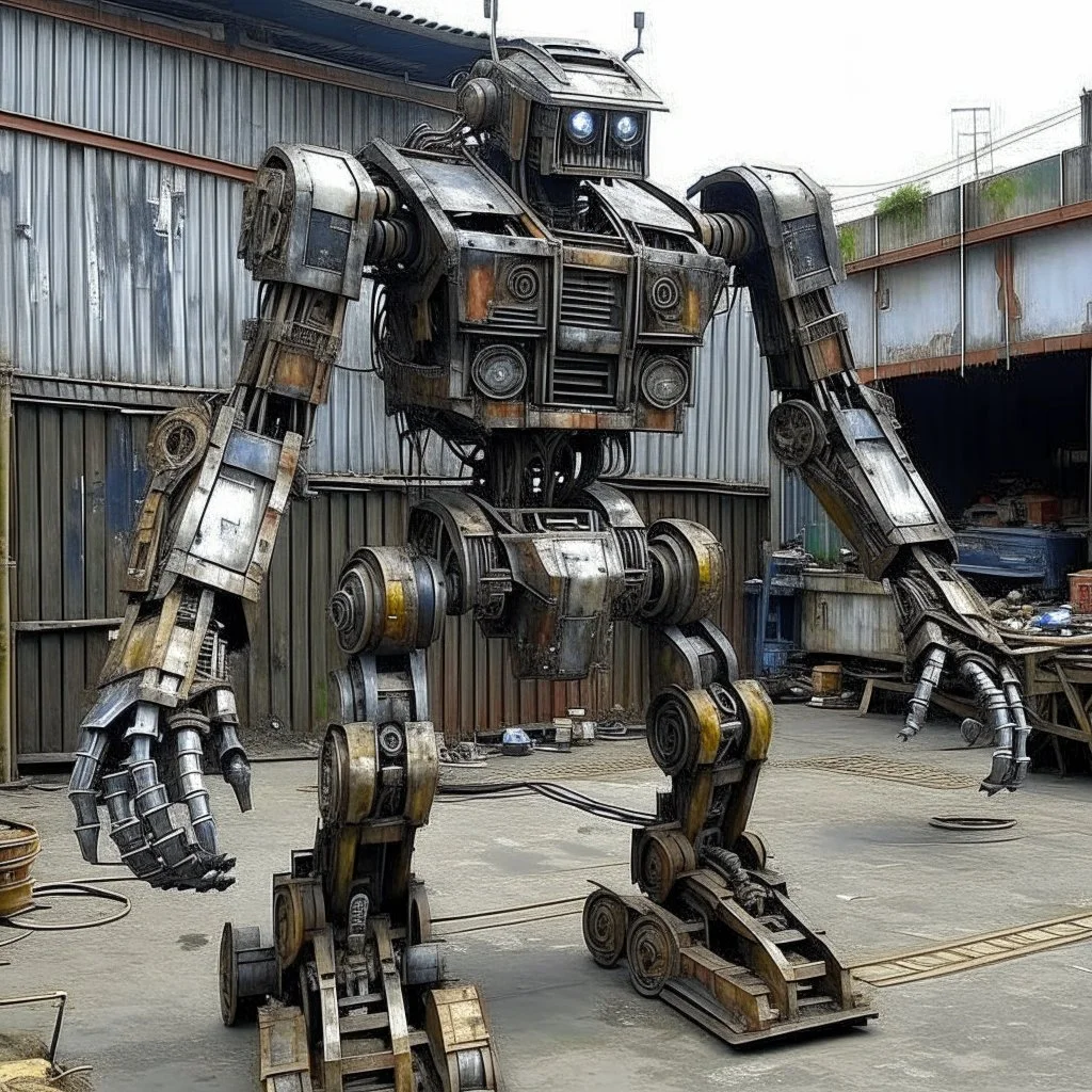 trash mech suit, human-sized, made of scrap metal, small