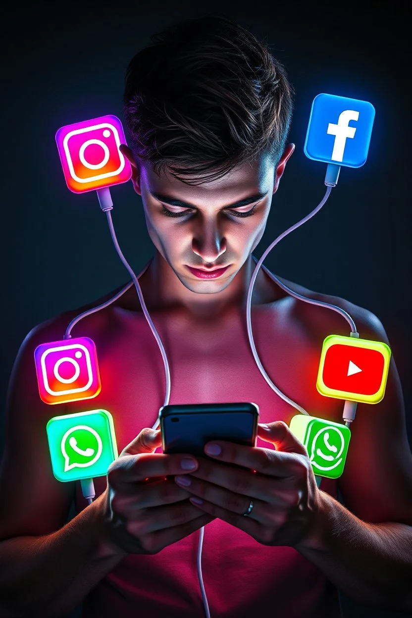 A hyper-realistic conceptual artwork of a young man deeply engrossed in his smartphone, symbolizing social media addiction. Four thick charging cables are connected to his body like life-support tubes, each ending in a glowing block with the logos of Instagram, Facebook, WhatsApp, and YouTube. The Instagram block radiates vibrant purple and orange hues, Facebook in blue, WhatsApp in green, and YouTube in red. The scene is set against a dark, moody background, with dramatic lighting emphasizing t